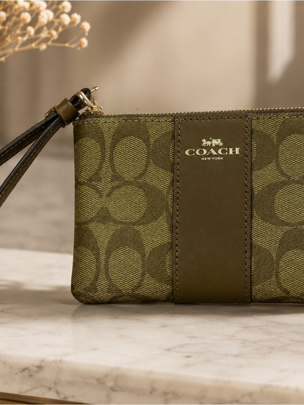 Coach Tan Signature Logo Wristlet with Gold Accent